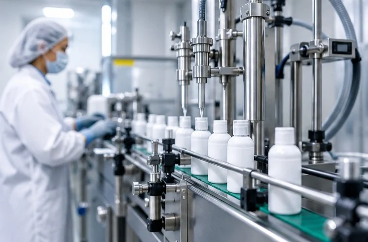 Proses produksi maklon skincare di fasilitas manufaktur kosmetik